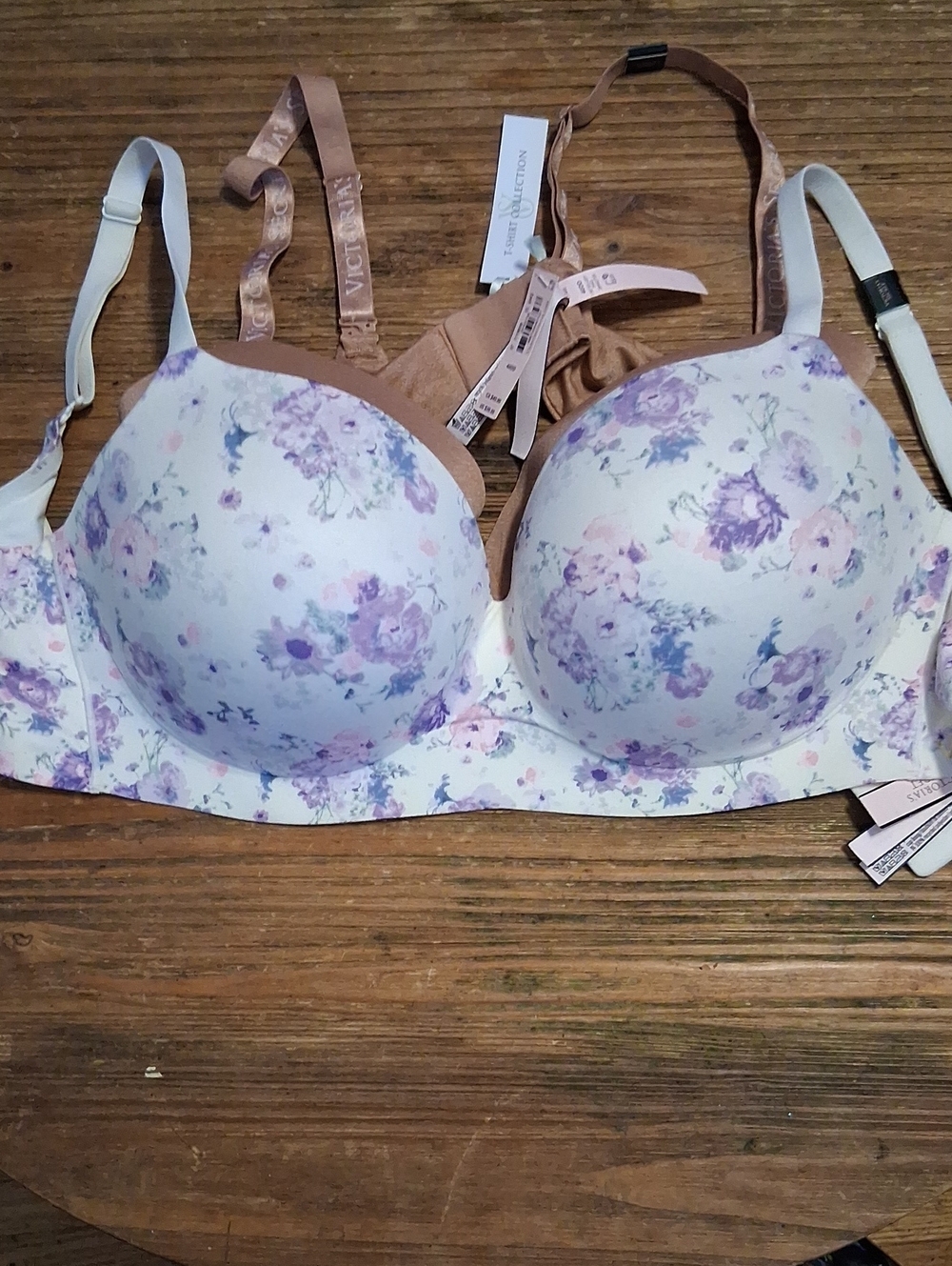 Victoria's Secret White Bra with Lavender Floral Print And Brown Bra